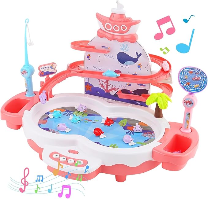 3in1 Fishing Game Toys for Kids with 34PCS Accessories Including Fishing Rod, Small Fish, Track, etc., STEM Toys with Music and Stories for Preschool Learning (Pink)