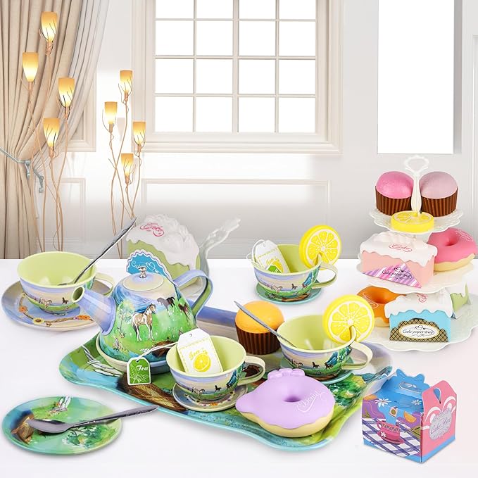Tea Party Set for Little Girls,50PCS Princess Horse Tea Time Toy Including Food Sweet Treats Playsets,Teapot Tray Cake,Tablecloth & Carrying Case,Kids Kitchen Pretend Play for Girls Boys Age 3 4 5 6