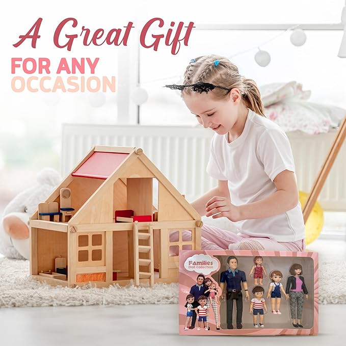 Family Dollhouse People - Doll House People Figures - 5 Poseable Action Figures Incl. Mom, Dad, Sister, Brother, Toddler - Small Dolls for Dollhouse - Dollhouse Dolls (Family)