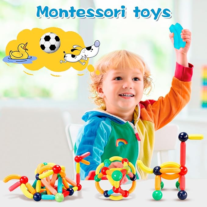 Magnetic Building Blocks STEM Educational Toy for Kids Montessori Learning Sticks and Balls Preschool Sensory Toys for Toddlers Gift for 3 Year Old Boys & Girls