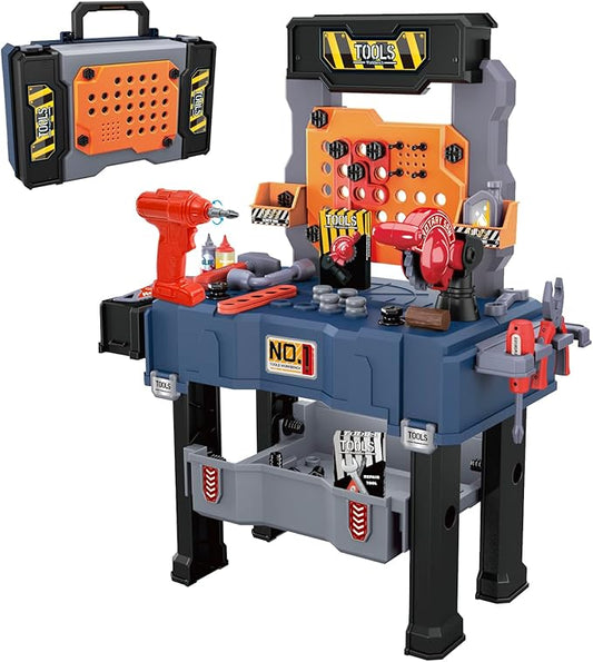 MUGEYMYD Kids Tool Bench Set with Electric Drill and Realistic Tool, Pretend Play Construction Workbench Toys for Toddlers, Build a Kids Tool Workshop Set for Boys and Girls, Ages 3-8.