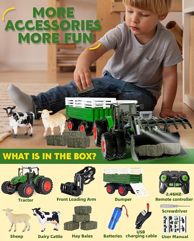 Remote Control Tractor Toy, 2.4 Ghz RC Tractor Toys for Kids 3-5, Toy Tractors Set with Trailer and Light/Loading Arm, Farm Animal Toys Include Cows, Sheep and Hay Bales, Toys for Boys 5-7