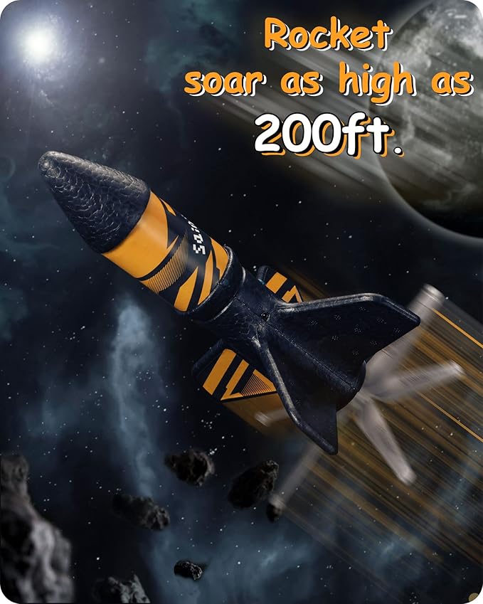 SainSmart Jr. Rocket Launcher for Kids, 200 Feet of Flight Altitude, Motorized Air Rocket with Parachute, Self-Launching Outdoor Toy with Safely Land, Black