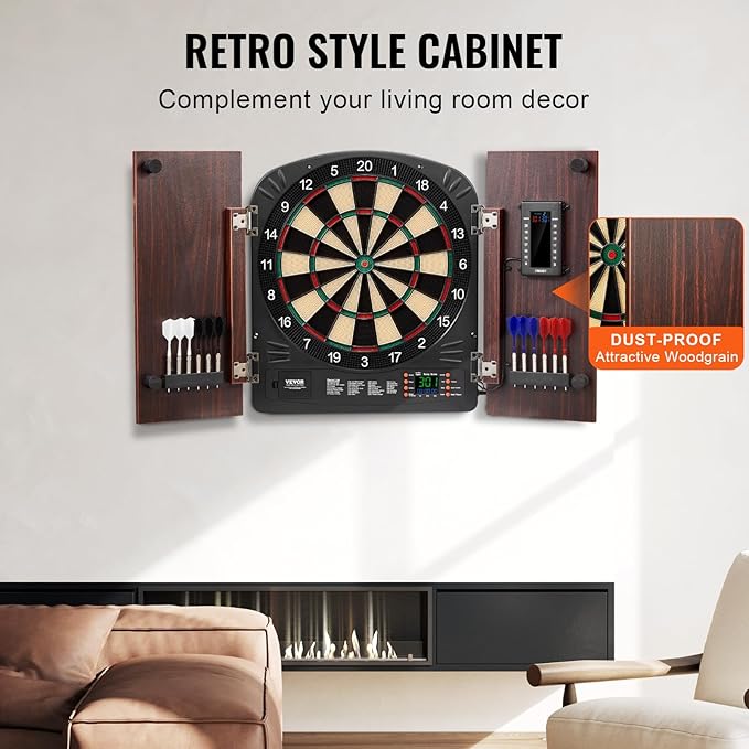 VEVOR Dart Board Cabinet Set, Multiple Styles Ready-to-Play Bundle Official Size, Steel Tip Dart Hideaway Cabinet, Features Easy Assembly, Complete with All Accessories, Perfect for Cricket Games