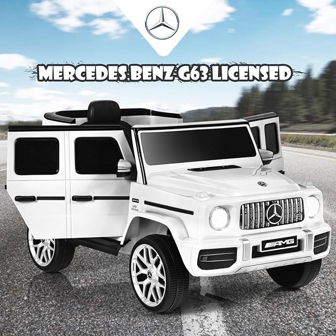 OLAKIDS 12V Kids Ride On Car, Licensed Mercedes Benz G63 Electric Vehicle with Remote Control, Double Open Doors, Music, Bluetooth, 2 Speeds, Wheels Suspension, Battery Powered Driving Toy (White)