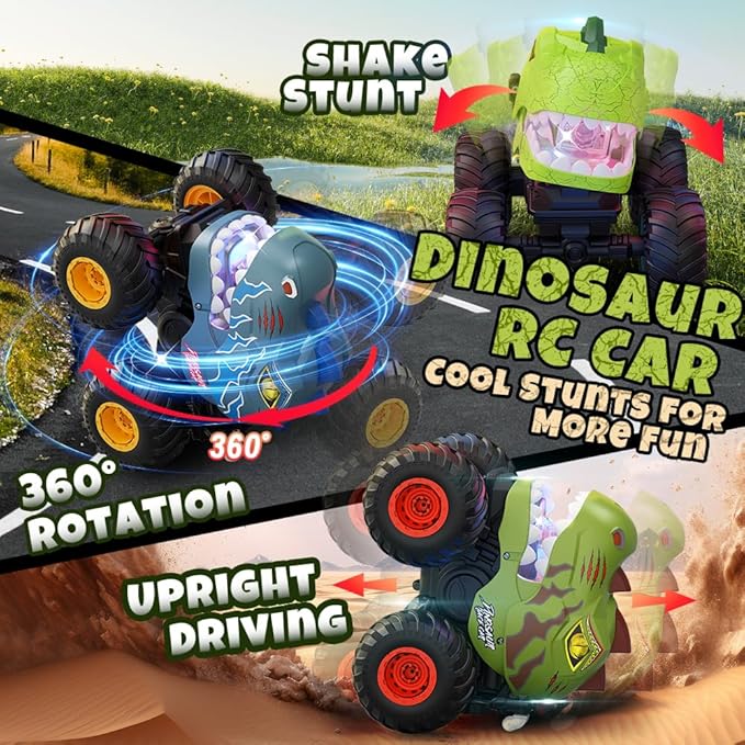 Dinosaur Remote Control Car for Kids Ages 3-5 6-12, Remote Control Monster Truck with Spray, Light, 360° Rolling&90° Driving, All Terrain Dinosaur Toy for Boys Birthday Gift
