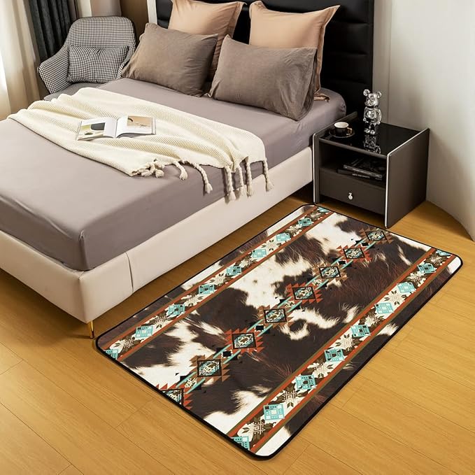 Erosebridal Cowhide Area Rug 5x6'6'', Brown Highland Cow Print Rug, Western Rug Exotic Aztec Carpet for Bedside, Farmhouse Wild Animals Longhorn Skin Cowboys Washable Decorative Rug for Men