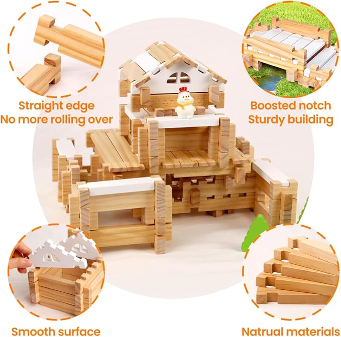 Jovi-mindly＆Notchies 96 PCS Wooden Blocks Wooden Toys with Storage Bag, Preschool Learning Toys Wood Blocks Building for Kids Ages 4-8 Creative Construction Game,FSC Certified,Graduate Gifts