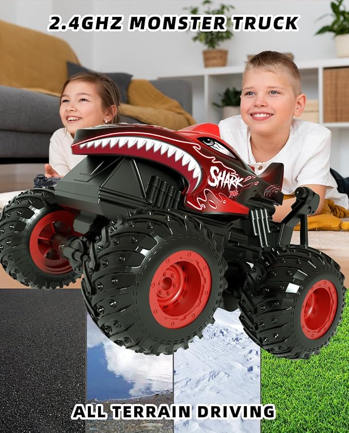 Remote Control Monster Truck Toys, 1:20 Scale RC Shark Monster Trucks with Light & Music, 2.4Ghz Remote Control Car Boys 4-7 & 8-12, Remote Control Truck with 360° Spin Walk Upright & Drift