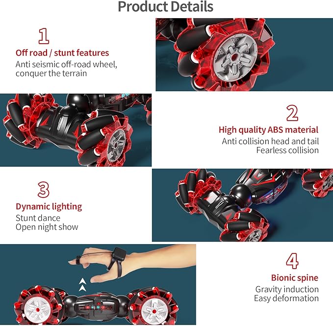 Deejoy 1:12 Red RC Stunt Car, 2.4GHz 4WD Remote Control Gesture Sensor Toy, Double Sided Rotating Off Road Vehicle 360° Flips with Lights Music, Cars for Boys & Girls Birthday
