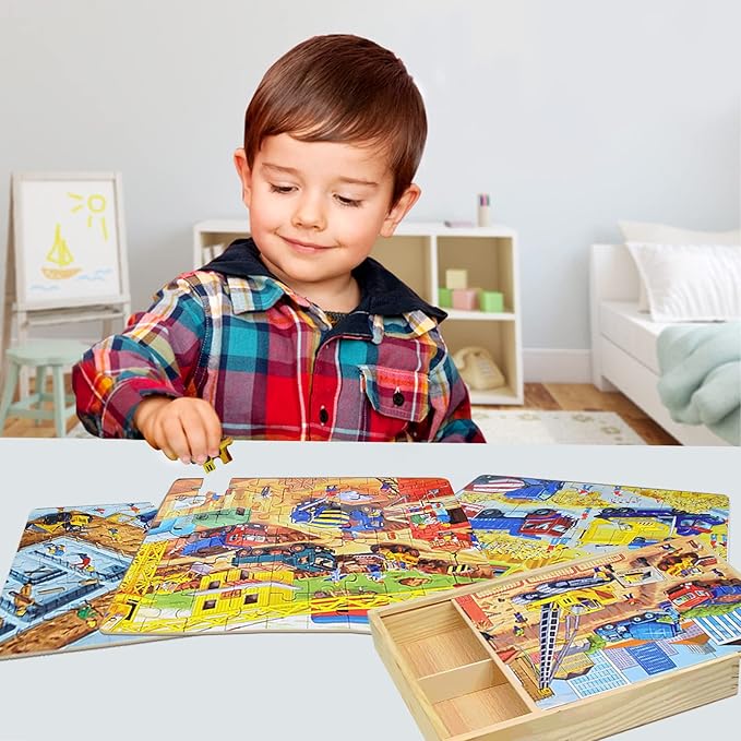 Wooden Puzzles for Kids Ages 4-8, Construction Sites Vehicles 4-in-1 Jigsaw Puzzles in a Wood Storage Box, 24 48 60 88 Pieces Construction Vehicles Puzzles Toys for Toddlers Kids Ages 3 4 5 6
