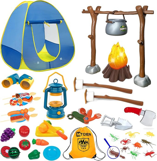 MITCIEN Kids Camping Set with Campfire, Play Tent , Binoculars, Oil Lantern, Toddlers Pretend Cutting Fruits, Marshmallow, Camping Toys Play Set for Boys Girls 3-5 Year Old and Up Indoor Outdoor Toys