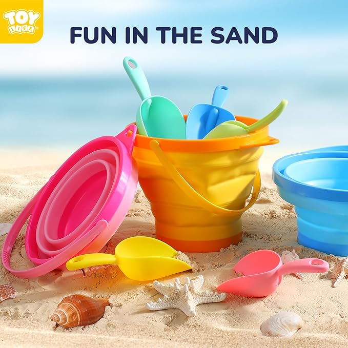 TOY Life Beach Toys for Kids Ages 4-8 Collapsible Sand Toys Toddlers with Silicone Bucket Shovels & Sand Castle Building Kit Molds, Sandbox Toy Travel, Beach Party, Fishing, Summer Activities