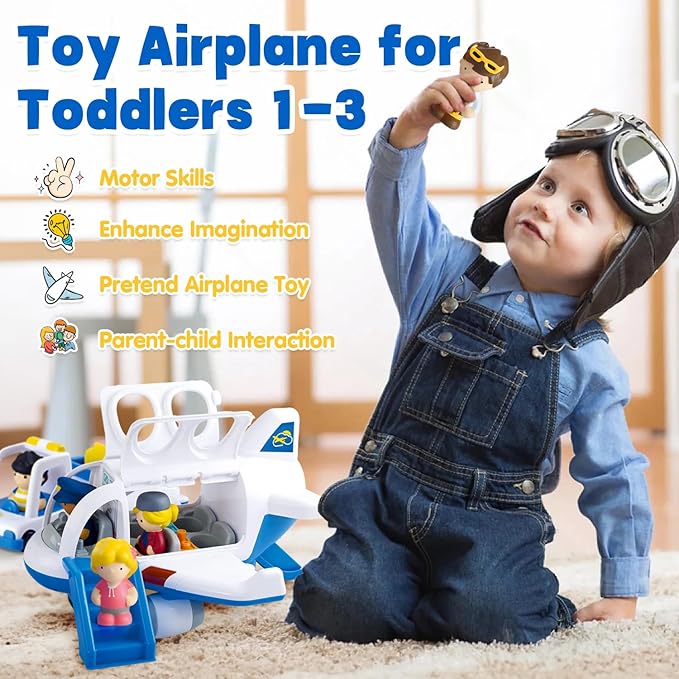 PLAY Airplane Toy for Kids - Toddler Airplane Toys Travel Plane Toys for Kids 2+ Years Old with Small Figures & Baggage Carrier, Musical Toy Airplane with Lights for Boys Girls Gifts Birthday (Blue)