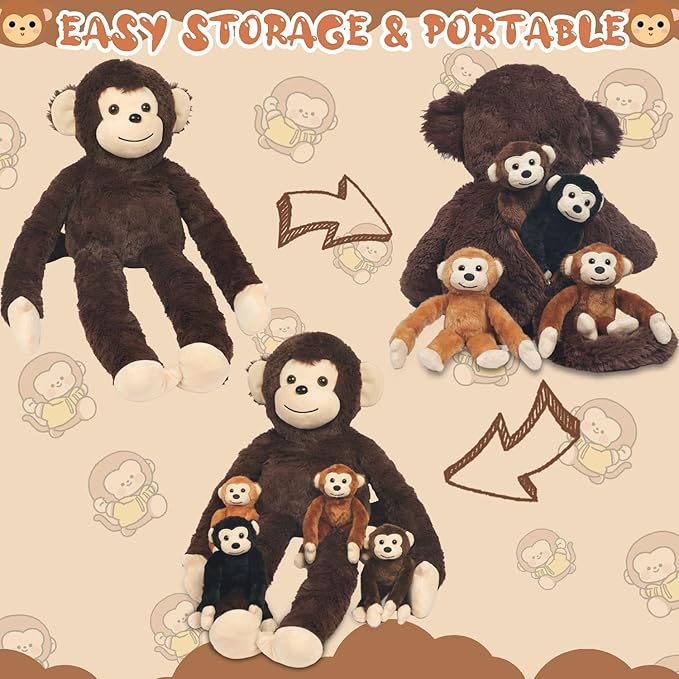 5 Pcs Monkey Stuffed Animal with Babies, Huggable Mom and 4 Baby Stuffed Monkey Plush Toys Cute Stuffed Monkeys Doll Set Christmas Birthday Party Easter Stuffers Gifts for Kids Girls Boys