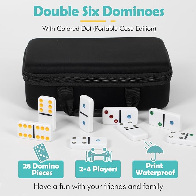 DAILYLIFE Dominoes for Kids, Double 6 Dominoes Set with 4 Wooden Racks/Trays, Double Six Dominoes Set with Portable Case, 28 Tiles Dominos Set for Family Board Games