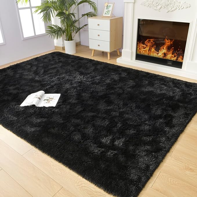 Vocrite Large Fluffy Rug for Bedroom, 5x8 Shaggy Black Shag Area Rug for Living Room, Non-Skid Fuzzy Faux Fur Carpet, Rectangular Plush Soft Rug for Nursery Classroom Playroom Dorm Home Decor