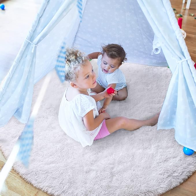 LOCHAS Luxury Round Fluffy Area Rugs for Bedroom Kids Girls Room Nursery, Super Soft Circle Rug, Cute Shaggy Carpet for Children Living Room, 4x4 Feet White