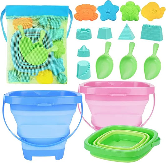 Collapsible Foldable Beach Sand Buckets and Shovels Set - Beach Toys for Kids with Mesh Bag & Sand Molds, Silicone Beach Sand Pails for Travel, Kids and Toddlers