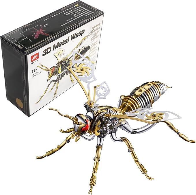 3D Metal Puzzles for Adults: Northern Giant Hornet Metal Model Kits, 3D Metal Puzzle Mechanical Wasp Building Blocks, Difficult DIY for Assembly, Birthday Gifts for Men (3D Metal Wasp-Silver Gold)