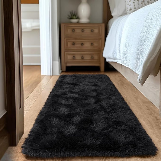 Super Fluffy Runner Rug for Bedroom, Modern Shag Black Area Rugs, Soft and Cozy Plush Small Carpet for Kids,Girls Boys and Teens Decorations for Living Room Dorm Nursery Classroom, 2x6 Feet