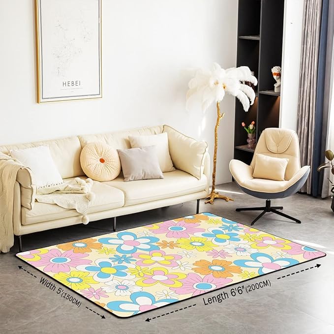 Erosebridal 70S Groovy Flowers Area Rug 5'x6'6'' Hippie Colorful Retro Floral Cute Rug Vintage Garden Flower Carpet Pastel Botanical Hippy Aesthetic Non Slip Decorative Rug for Bedside