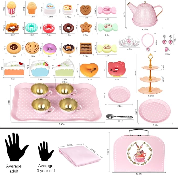 Tea Party Set for Little Girls, 49PCS Princess Tea Time Toys Including Tea Set Dessert Carrying Case, Kids Kitchen Pretend Playset, Tea Set for Girls Birthday Toddler Age 3-8, Pink