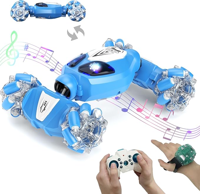 FOTN Remote Control/Gesture Sensing Stunt Car,4WD All-Terrain 2.4Ghz RC Blue Dual Control Off-Road Vehicle ，Lights Music，Modular Lithium Battery, 360° Flips，Snake-Move, Boy/Girl Birthday Gift