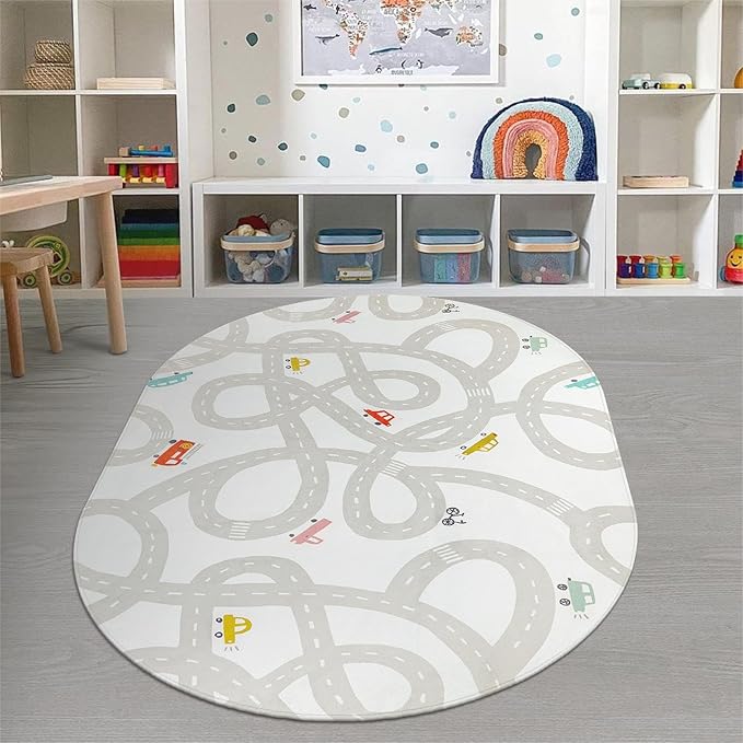 LIVEBOX Grey Car Rug for Playroom, 5'X7' Kids Play Mat for Boys and Girls, Large Road Traffice Rugs for Nursery, Washable Kids Rug Non-Slip Toy Car Mat for Bedroom Toddler Room