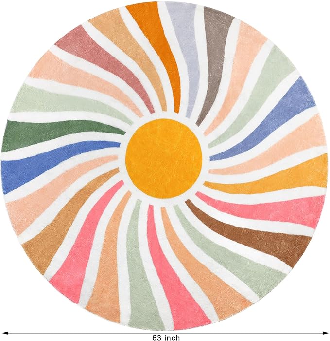 Topotdor Sun Rainbow Round Rug,Colorful Boho Kids Rug Ultra Soft Washable Nursery Rug for Bedroom Perschool Classroom,63" Round
