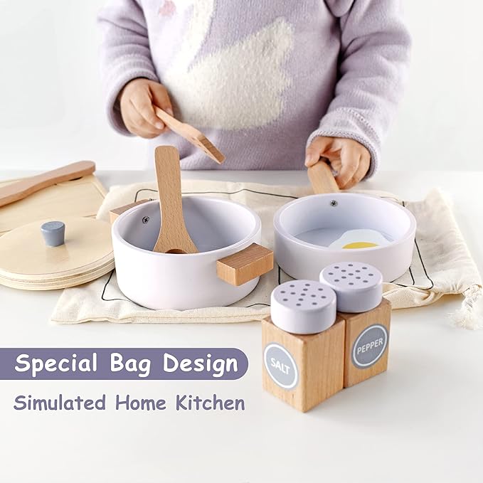 Wooden Toy Pots and Pans Cookware Playset for Kids Kitchen,Toddler Cooking Set,Pretend Play Kitchen Accessories for Toddlers Boys Girls Ages 3+