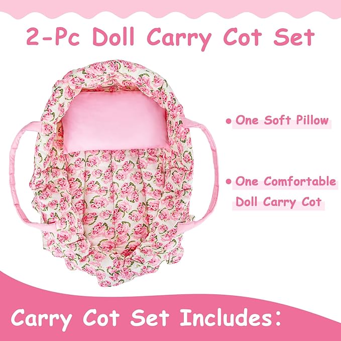 Doll Carry Cot Set, Sweet Dreams Soft Bassinet Doll Carrier Includes 1 Cot and 1 Pillow, Pink Flower Doll Bassinet, Fits for 16 Inch American Girl Dolls