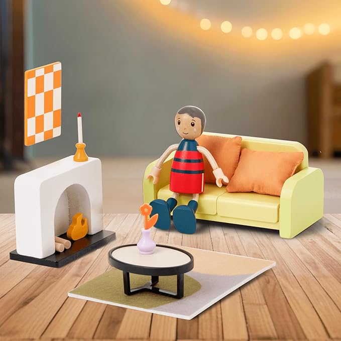 Giant bean 85pcs Wooden Plastic Dollhouse Furniture Set for 6 Rooms, Modern Dollhouse Accessories Pretend Play Furniture Toys Gift for Boys Girls Toddlers & Kids 3 4 5 6 7 Years and up