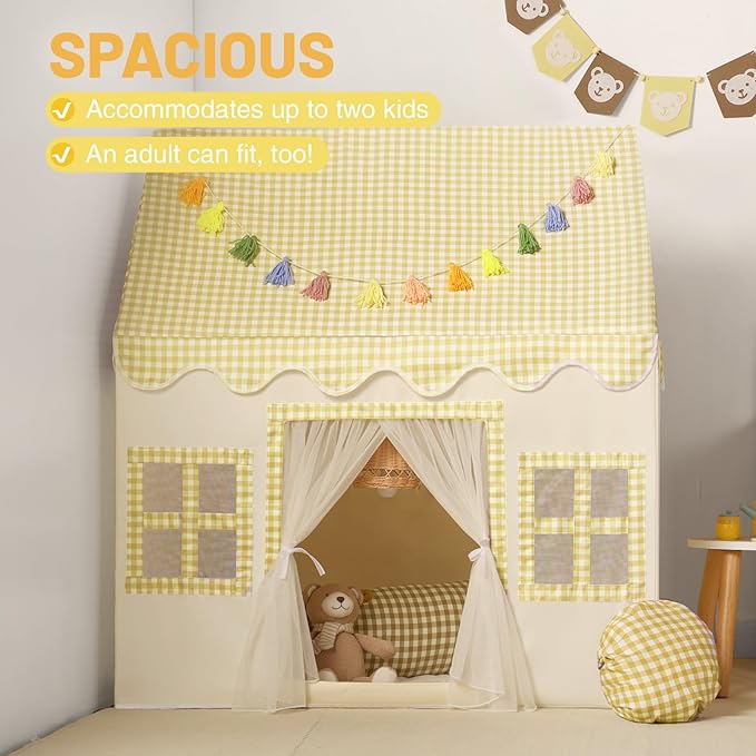 Kids Play Tent Indoor: Mat, Tassel Garland, Star Lights - Yellow Checkered Boys Tent Playhouse for Toddlers Kids Toys for Boy Girl Birthday Gift