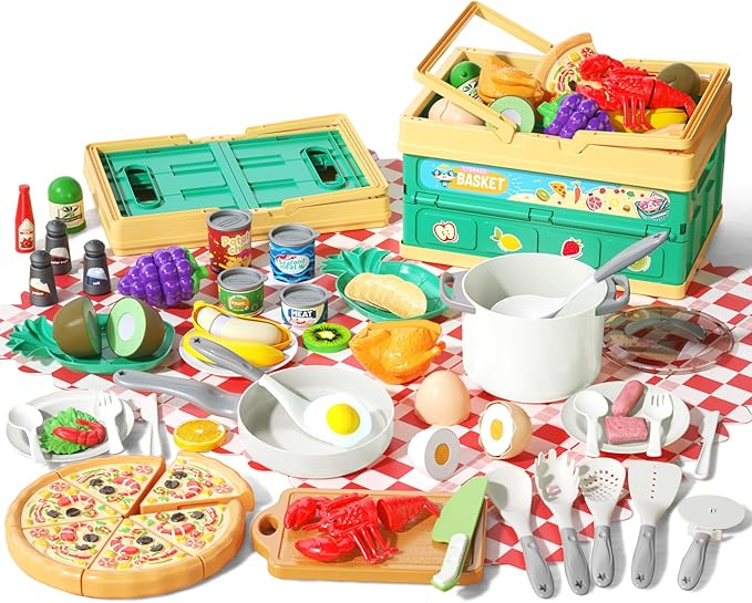 80Pcs Kitchen Playset, Toddler Pretend Cooking with Pots, Pans, Cookware, Food, Picnic Blanket, Fruits, Veges, Shopping Storage Basket, Dessert, Learning Gift for Girls Boys (White)