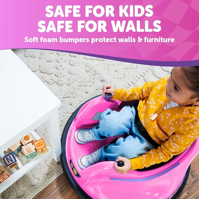 Flybar FunPark 6V Bumper Car for Toddlers, Electric Toddler Ride On Toys for Kids, Baby, Ages 1.5-4 Years, LED Lights, 360 Degree Spin, Supports up to 66 pounds (No Remote), Large, 6v Pink/Purple
