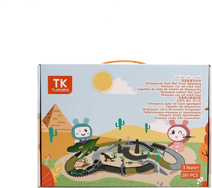 TUMAMA Dinosaur Toys Race Track, 281 Pcs Dinosaur Train Set for Kids 3-5 5-7, Flexible Train Tracks with 4 Dinosaurs Figures, 2 Electric Race Cars with Light, Create A Dinosaur Road Race for Toddlers