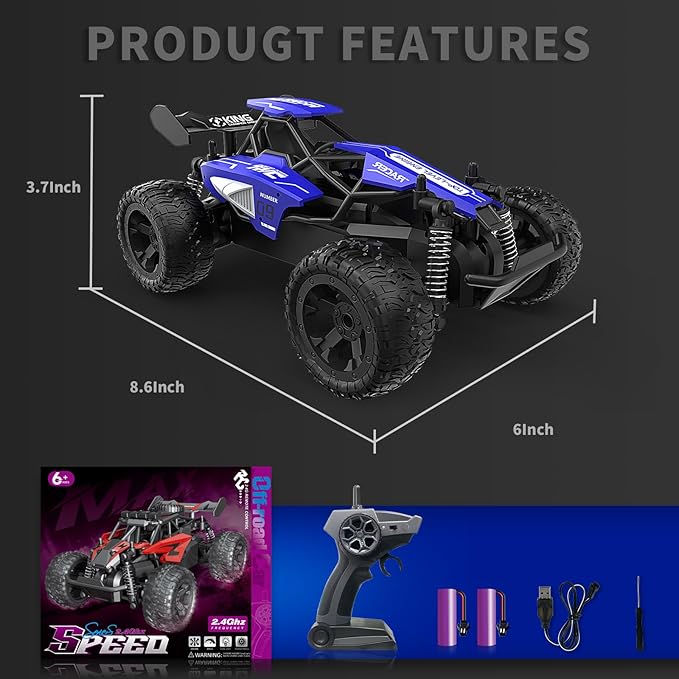 Carox 1:16 Scale RC Car for Kids, 2.4GHz High-Speed Electric Monster Truck, 20km/h, Dual 1000mAh Rechargeable Batteries, All-Terrain Tires, Shock Absorbing Suspension, Ideal Gift for Boys Aged 6-12