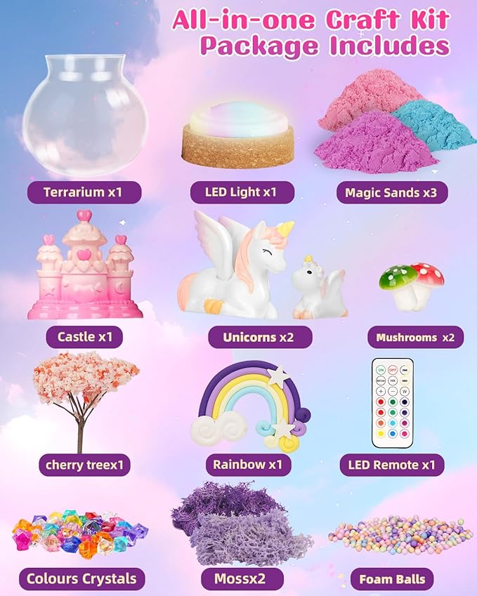 Light-Up Unicorn Terrarium Kit for Kids, DIY Arts & Crafts Gift for Girls Ages 4 5 6 7 8-12 Year Old, LED Night Light with Remote, Best Birthday Easter Unicorn Toys Gifts for Girls Kid