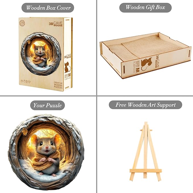 KAAYEE Wooden Puzzles for Adults 100 Pieces Visual 3D Wooden Mouse Jigsaw Puzzles for Adult Animal Wood Puzzle Gifts for Adults Kids Mouse Puzzle(8.5 * 8.4in)