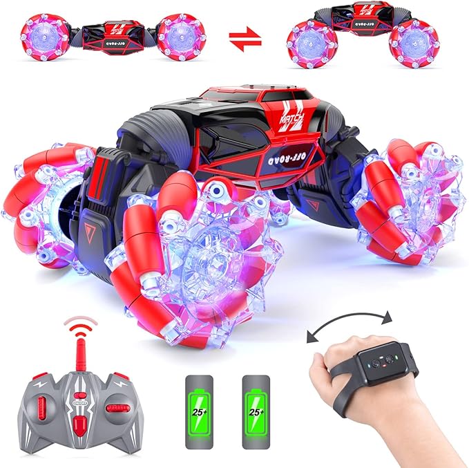 Powerextra Remote Control Car, 4WD 2.4GHz Gesture Sensing Rc Stunt Car, Double Sided 360°Rotating Off Road Car with LED Light & Music, Toy Cars for 6-12 Year Old Boys & Girls - Red