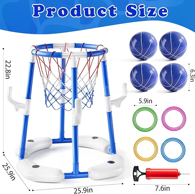 Pool Basketball Hoop Toys,2-in-1 Floating Basketball Pool Games with 4 Balls/12 Rings/Pump,Swimmming Pool Games for Kids Ages 4-8 8-12 Adult, Outdoor Water Play Toys for Summer Family Party(Blue)