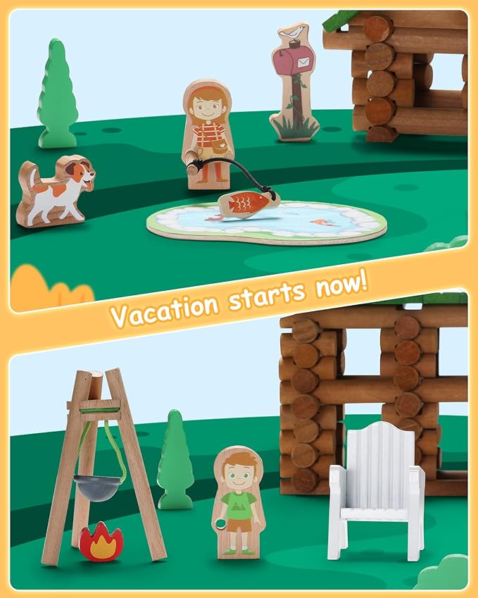 SainSmart Jr. 214 PCS Wooden Logs Cabin Set Ages 3, Building Log Gift for Boy/Girl, Creative Construction Engineering Educational Toy, Vacation Chalet
