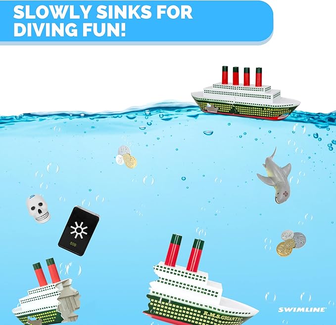 SWIMLINE Titanic Themed Dive Toy Sinking Ship Hidden Treasure Combo Pack Catch And Retrieval Cruise Ship Game For Swimming Pool & Bath Tub For Kids Multi Color Rings Underwater Dive Practice Education