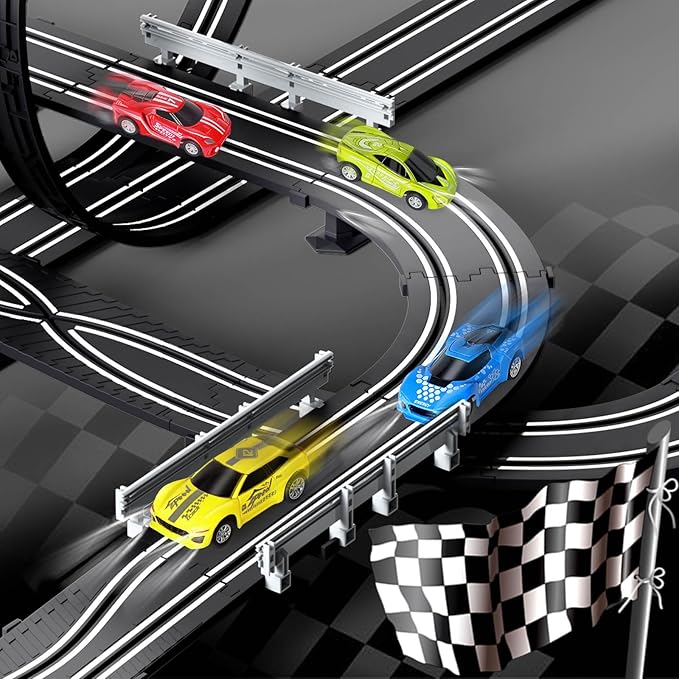 Slot Car Race Track Sets for Boys Kids,Battery or Electric Race Car Track with 4 High-Speed Slot Cars and 2 Hand Controllers,Dual Racing Game Lap Counter Circular Overpass Track Toys Age 6 7 8-12