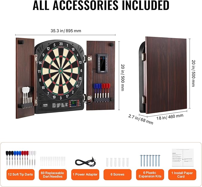 VEVOR Dart Board Cabinet Set, Multiple Styles Ready-to-Play Bundle Official Size, Steel Tip Dart Hideaway Cabinet, Features Easy Assembly, Complete with All Accessories, Perfect for Cricket Games