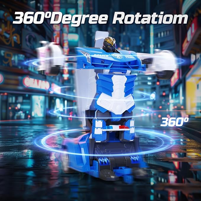 DEERC Transform Remote Control Car,2.4GHz Robot RC Cars,1:18 Scale Police Car Toy One-Button Deformation & 360° Rotating Drifting for Kids Boys Age 4-7 8-12 Birthday Xmas Gift
