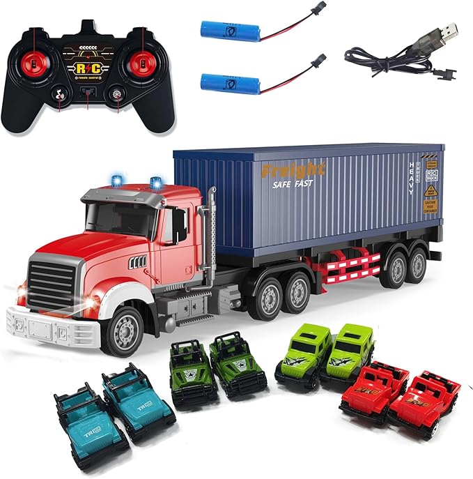 Mostop RC Semi Truck with Trailer - 22.5 Inch Remote Control Semi Truck Toy for Kids, 1:24 Scale Container Truck with 2 Batteries, Carrier Van Transport Vehicle with LED Light & Music,Great Gift