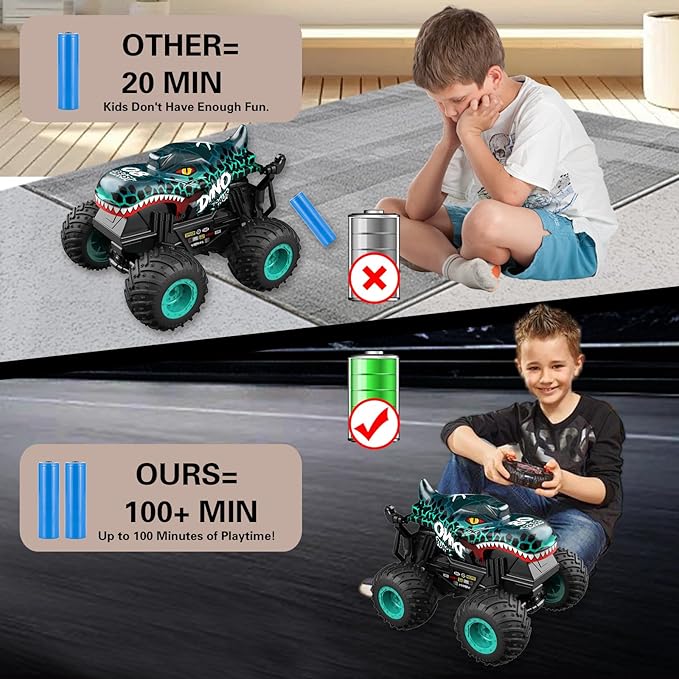 Jumping Monster Truck Toy, 2.4GHz Remote Monster Trucks for Boys 4-6, Dinosaur Monster RC Truck, 2 Rechargeable Batteries, 3 Lighting and Music, Rotate 360 °, Drift, Green Remote Control Car