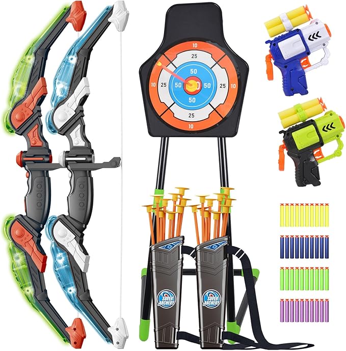 2 Pack Kids Bow And Arrow Set, with LED Light Up Archery, 20 Suction Cup Arrows, 2 Quiver, 1 Standing Target, 2 Soft Dart Guns&50 Soft Darts, Indoor Outdoor Birthday Gifts Toys for Boy Girl Ages 4-12